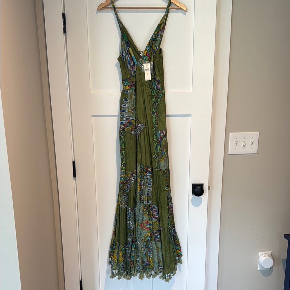 Anthropologie Green Tiered Maxi Dress with beaded detail